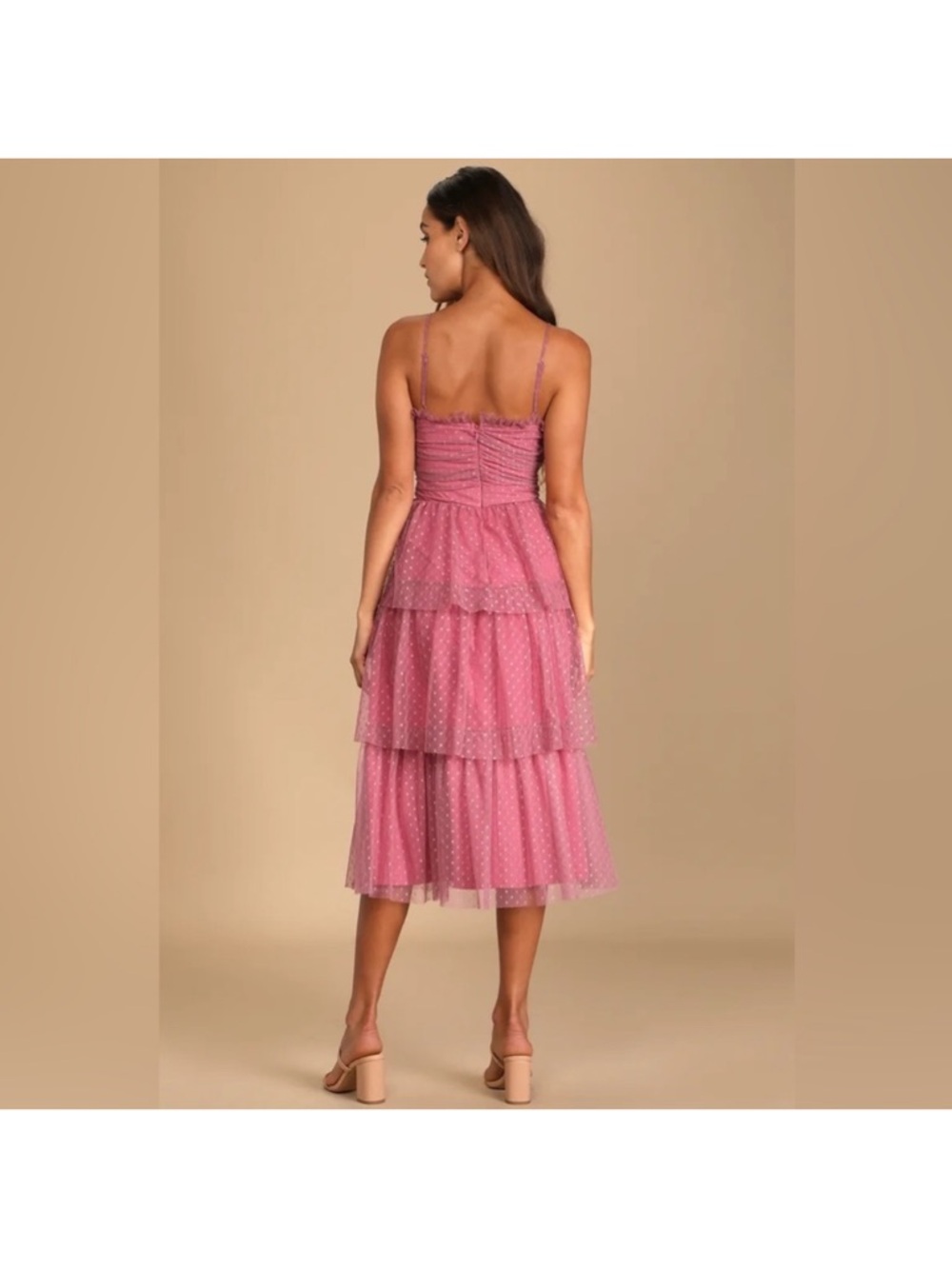Lulu’s Sweetheart Style Mauve Polka Dot Bustier Tiered Midi Dress sz small - Picture 2 of 10